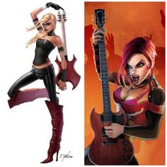 two pictures of women with guitars and one has an image of a woman holding a guitar