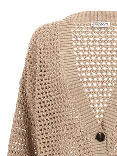 Cotton knit cardigan with sequin appliqué, button closure, long cuffed sleeves. Composition: 96% cotton, 4% polyester Sequin Knit, Sequin Cardigan, Sequin Appliques, Beige Cardigan, Knitted Cardigan, Beauty Accessories, Brunello Cucinelli, Cotton Knit, Lace Boots