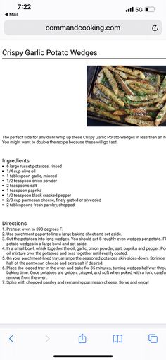 the recipe for crispy garlic potato wedges is displayed on an iphone screen,