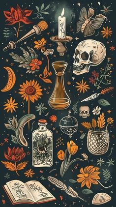 an illustration of flowers, candles and skulls on a black background