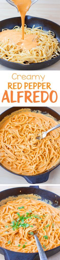 the process of making red pepper alfredo in a skillet with cheese being drizzled