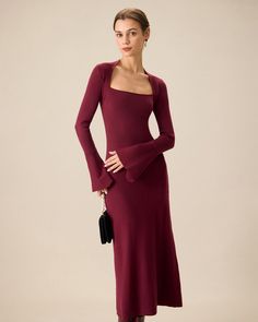 The Red Square Neck Flare Sleeve Midi Dress & Reviews - Red - Dresses | RIHOAS Fitted Solid Color Midi Dress For Dinner, Solid Color Fitted Midi Dress For Dinner, Elegant Winter Bodycon Dress With Square Neck, Fitted Burgundy Midi Dress For Evening, Sleek Solid Dresses For Fall, Sleek Solid Color Fall Dresses, Stretch Midi Dress For Fall Dinner, Elegant Red Stretch Midi Dress, Fall Stretch Midi Dress For Dinner