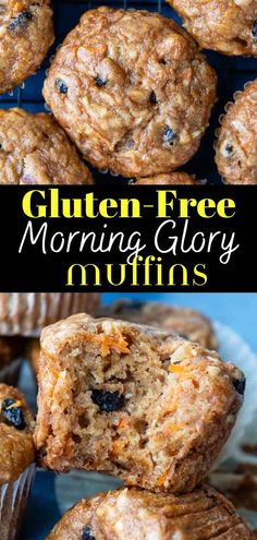 muffins stacked on top of each other with the words gluten - free morning glory muffins