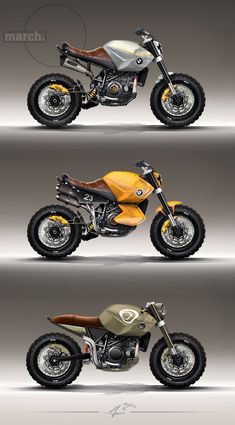 three motorcycles are shown side by side in different colors and sizes, with the same design on