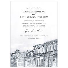 the front and back of a wedding card with an ink drawing of a building on it