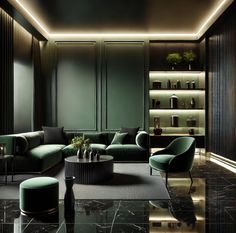 a living room filled with green furniture and black walls