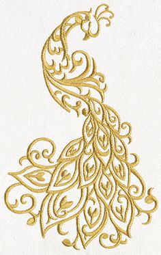 an embroidered gold peacock design on white fabric, with the word's name in large letters