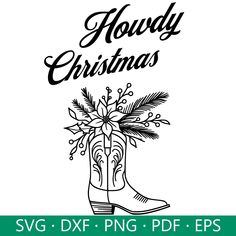 a black and white drawing of a cowboy boot with holly christmas decorations on the side