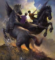 two men riding on the back of a black horse in front of a cloudy sky