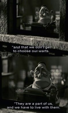 an animated movie scene with the words, and two images of characters in black and white