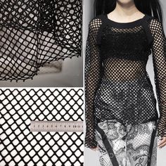 an image of a woman with black hair wearing sheer clothing and tight pants, standing in front of a netted wall