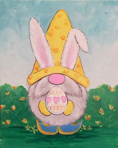 a painting of a bunny wearing a yellow hat and holding a pink egg in its mouth