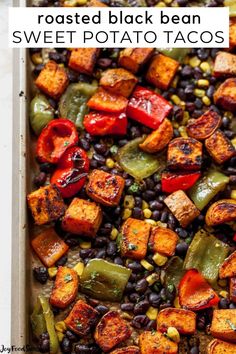 roasted black bean and sweet potato tacos in a white baking dish with text overlay