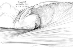 a drawing of a man riding a wave on top of a surfboard