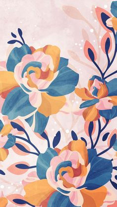 an abstract floral background with blue, yellow and pink flowers