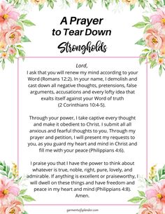 a prayer with flowers and the words, a prayer to tear down strongfolds