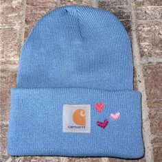 Hand Embroidered Carhartt Hat! Blue In Color, Comes With The Tags! Hearts Embroidered! Hand Embroidered Carhartt Beanie, Carhart Hats, Embroidery On Hats, Carhart Beanie, Embroidered Carhartt, Carhartt Hat, Pink Baseball Hat, Orange Beanie, Embroidery Hat