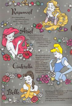 disney princesses with their names on the back of each one's neck and shoulders