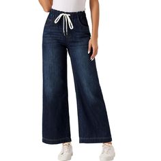 This jeans is made up of several design points: denim fabric, drawstring elastic waist, two side pockets, wide legs pants. These denim pants have classic 2 pockets, which is enough for daily use, and these baggy jeans are very friendly to any kind of body curve. The solid color design makes these jeans easy to match and versatile. These denim jeans are great for casual, streetwear, office, dating, daily wear, holiday, weekend, workwear, picnic outdoors, and travel. Wide-leg Denim Jeans With Elastic Waistband, Casual Non-stretch Denim Blue Wide Leg Pants, Non-stretch Denim Pants With Side Pockets, Wide-leg Denim Bottoms With Drawstring, Full-length Denim Bottoms With Elastic Waistband, Casual Denim Pants, Body Curves, Baggy Jeans, Casual Denim