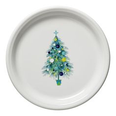 a white plate with a christmas tree painted on it