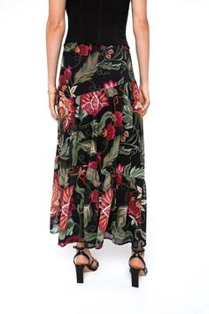 The defining feature of this skirt is its tiered constructionMaterial allow the skirt to drape and move beautifully, providing comfort and a graceful silhouette. Mens Clothing Brands, Denim T Shirt, Denim Sweater, Floral Maxi Skirt, Floral Maxi, Dress Romper, Shirt Accessories, Guest Dresses, Flare Dress