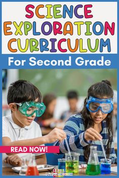 two children are doing science in front of a poster with the words, science explosion curriculum for second grade