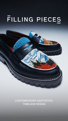 Taking inspiration from a picturesque mountain scene, our new Summit Loafer reinterprets our classic silhouettes through elevated craftsmanship. Expertly combining utility and textile artistry by way of a custom embroidered patch. A vibrant display of colors set off against a luxurious leather construction. Find it in-store or online at fillingpieces.com Gents Shoes, Loafers Dress, Mens Loafers, Spring Dresses Casual, Street Fashion Men Streetwear, Mountain Scene, Mens Fashion Classy, African Men Fashion