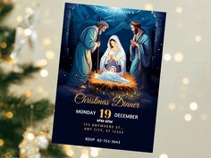 a christmas dinner flyer with a nativity scene