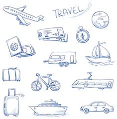 hand drawn travel and transportation icons set in blue ink on white paper, with clippings