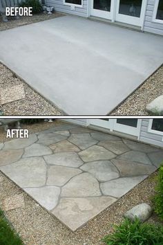 before and after pictures of a patio with flagstone pavers laid on the ground