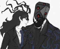 two people in suits with red eyes are standing next to each other and one is wearing a black mask