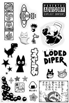 an assortment of stickers and decals on a white background with the words,