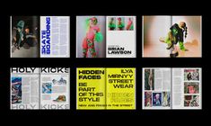 an assortment of magazine pages with images of people in different outfits and colors on them