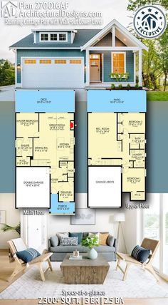 two story house plan with attached garage and living room