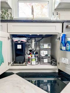 an open cabinet in a kitchen filled with cleaning products