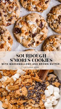 cookies with marshmallows and brown butter are shown in the foreground text reads, sourdough s'mores cookies with marshmallows and brown butter