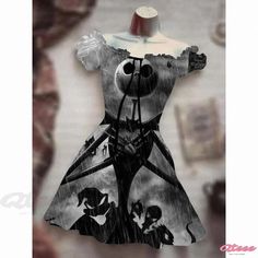 Qteee - Exquisite Off-the-Shoulder Puff Sleeve Dress with Flame Skeleton Print Black Cat Costumes, Red Season, Costume Noir, Cat Halloween Costume, Printing Fabric, Black Costume, Skeleton Print, High Waist Dress, Puff Sleeve Dress