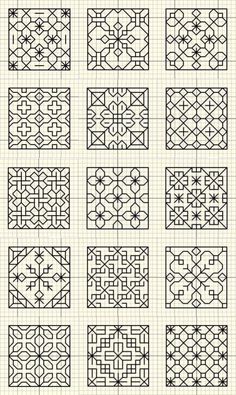 the different patterns used in quilting are shown on lined notebooks, with black ink