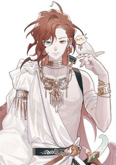 an anime character with red hair and jewelry