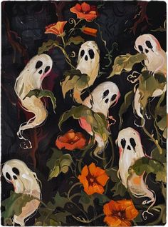 an image of halloween decorations with ghost heads and flowers in the foreground on a black background