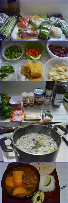 several different pictures of food being prepared on the stove top and in bowls, including corn, tomatoes, carrots, celery, broccoli, cucumber, and more