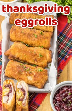 thanksgiving eggrolls with cranberry sauce in the middle and turkey on the side