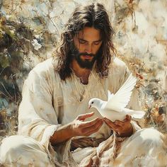 a painting of jesus holding a white dove in his hands while sitting on the ground