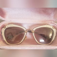 Beautiful Elevated Look With Glam Details. Pristine Condition. Excellent Quality Rare 2016 Style Worn Only Twice. Miu Miu Luxury Party Sunglasses, Elegant Luxury Miu Miu Sunglasses, Miu Miu Elegant Gold Sunglasses, Miu Miu Glimpse Sunglasses, Luxury Miu Miu Tinted Sunglasses, Miu Miu Accessories, 2016 Style, Sunglasses White, Designer Sunglasses