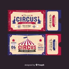 two circus tickets with the words circus written on them and an image of a tent in the background