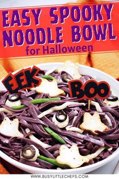 easy spooky noodle bowl for halloween with free printable sign in the background