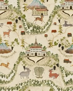 this is an image of a wallpaper with animals and houses on it's surface