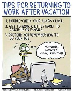 a cartoon duck sitting in front of a computer with the caption tips for returning to work after vacation