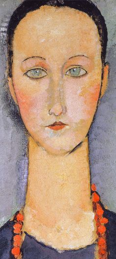 a painting of a woman with blue eyes and red necklaces on her neck, looking to the side