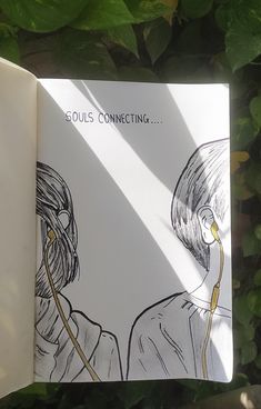 an open book with a drawing of two people on the cover and text that reads, louis connecting